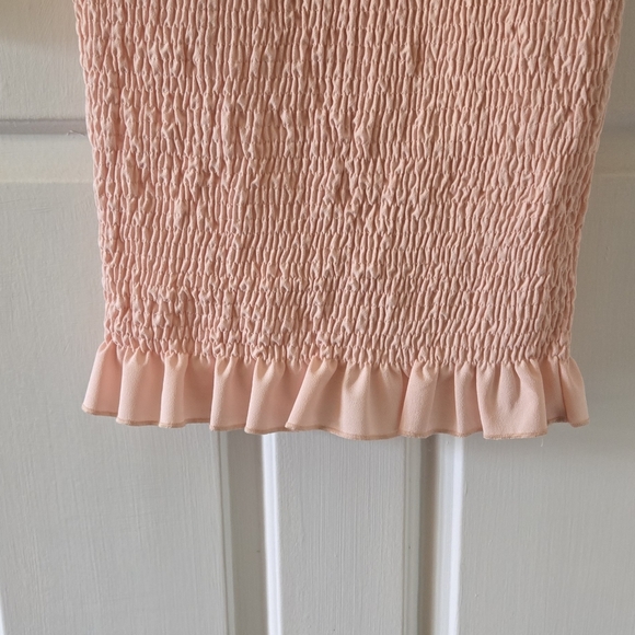 Gorgeous Pink Peached Smocked Shirred Fitted Midi Dress, EC, Size 10 - Picture 5 of 7